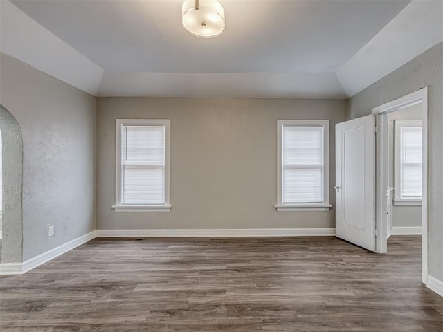 unfurnished room featuring lofted ceiling, hardwood / wood-style flooring, and plenty of natural light