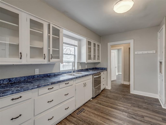 3105 NW 22nd St, Oklahoma City, OK 73107 - kitchen featuring a sink, stainless steel dishwasher, dark wood-style flooring, white cabinetry, and dark countertops