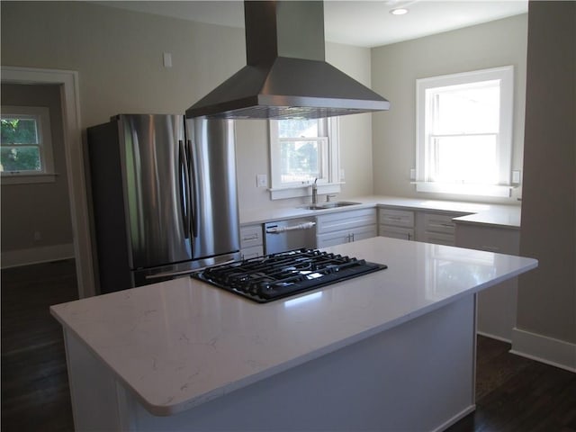 kitchen featuring dark hardwood / wood-style floors, sink, white cabinets, island exhaust hood, and stainless steel appliances