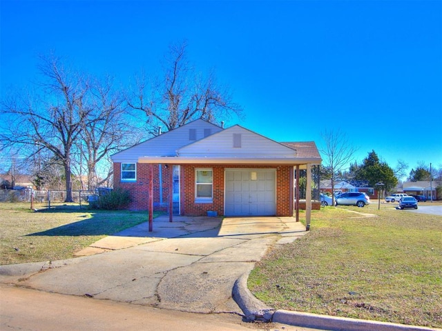 single story home featuring a garage, brick siding, fence, driveway, and a front lawn