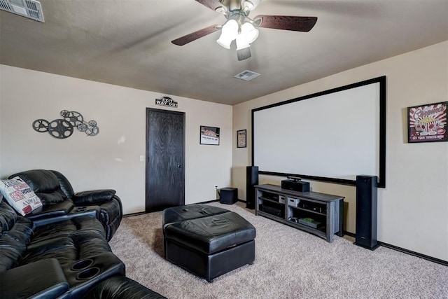 cinema featuring carpet flooring and ceiling fan