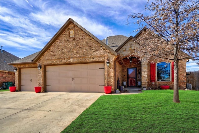 view of front facade with a garage and a front lawn