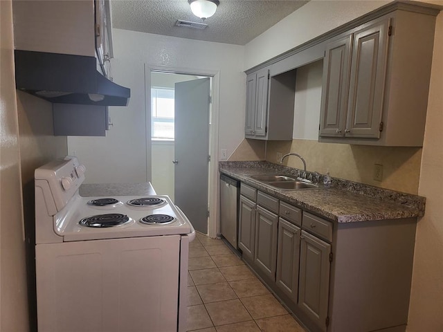 kitchen with gray cabinets, light tile patterned flooring, dishwasher, sink, and white electric range oven