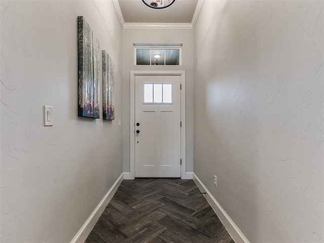 doorway with ornamental molding and dark parquet floors