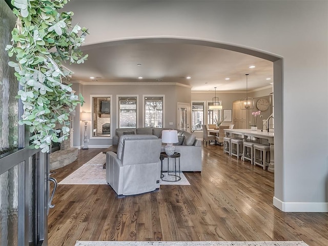 living room with crown molding and dark wood-type flooring