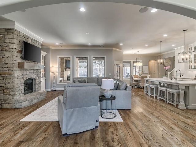 living room featuring sink, crown molding, a fireplace, and wood-type flooring