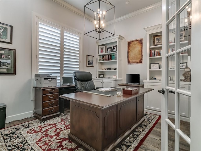 office space featuring ornamental molding and wood-type flooring