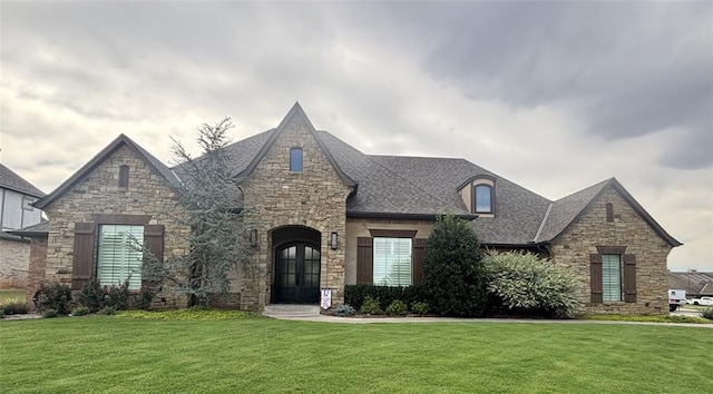 view of front of home with french doors and a front lawn