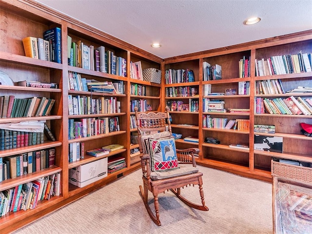 sitting room featuring carpet flooring and a textured ceiling