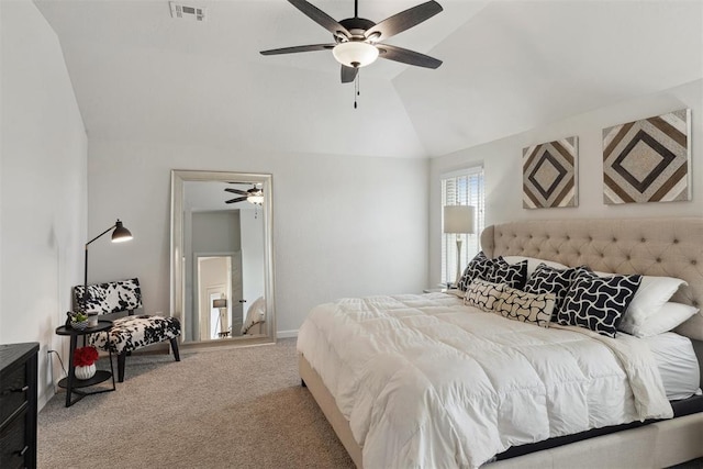 carpeted bedroom featuring ceiling fan and lofted ceiling