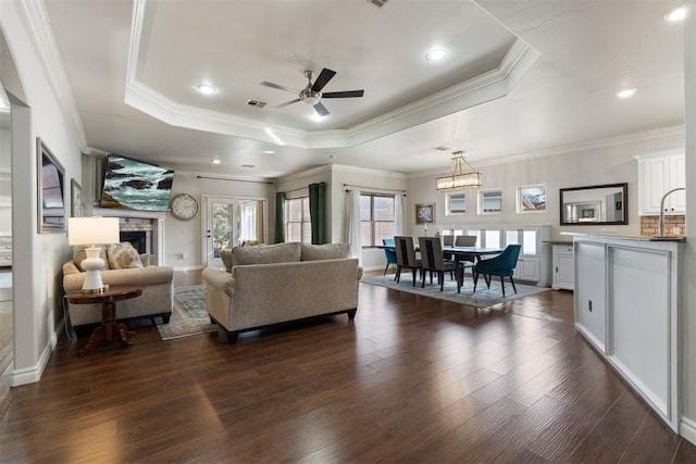 living room with crown molding, dark hardwood / wood-style floors, a raised ceiling, and a stone fireplace