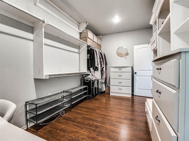 walk in closet with dark hardwood / wood-style floors