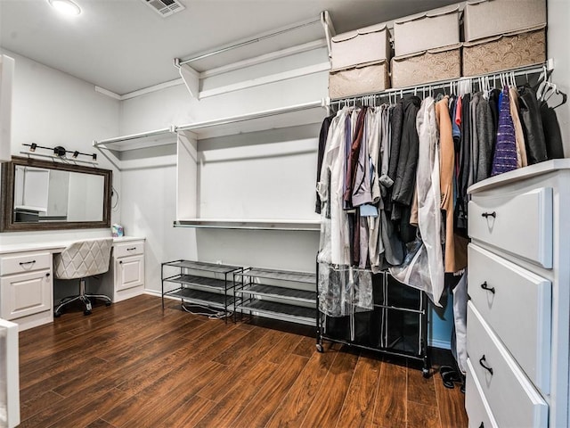 walk in closet featuring built in desk and dark hardwood / wood-style floors