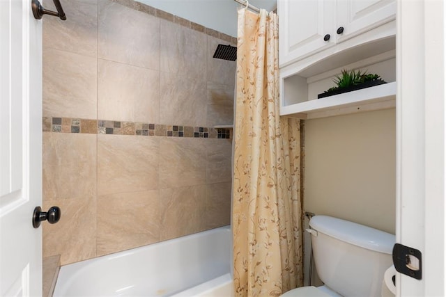 bathroom with toilet and shower / bath combo with shower curtain