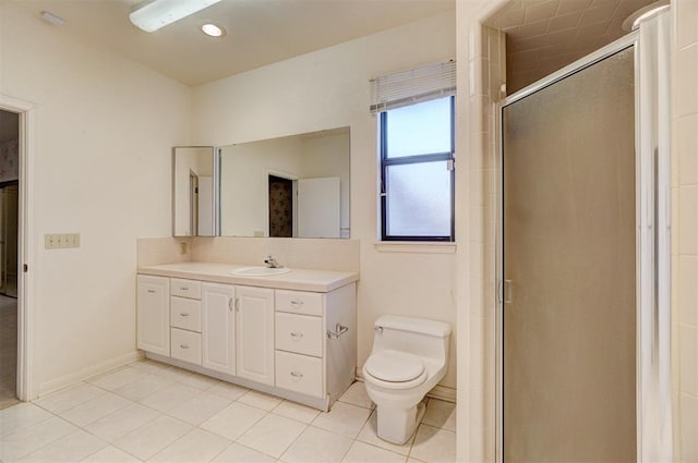 bathroom featuring backsplash, vanity, a shower with shower door, tile patterned floors, and toilet