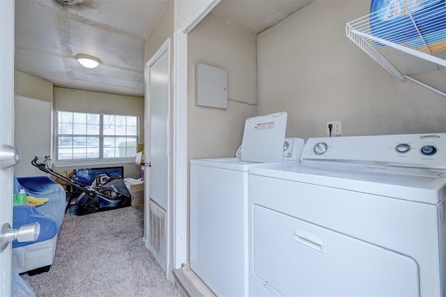 washroom featuring light carpet and washing machine and clothes dryer