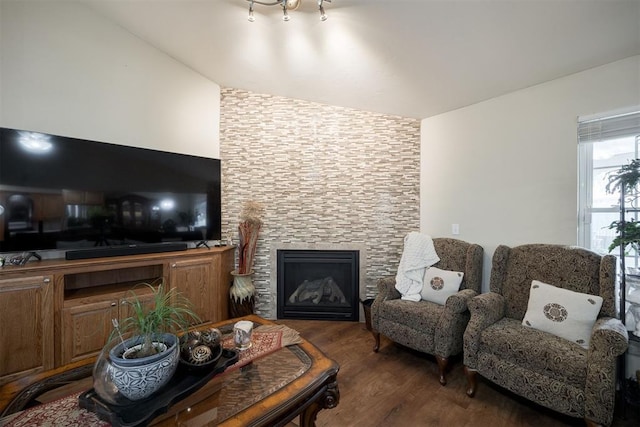 living room with vaulted ceiling, dark hardwood / wood-style floors, and a fireplace