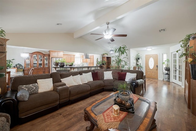 living room featuring ceiling fan, high vaulted ceiling, dark hardwood / wood-style floors, and beam ceiling