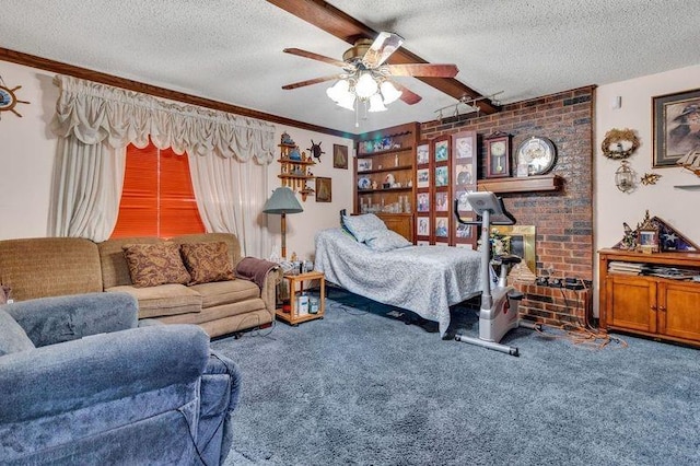 carpeted bedroom with ceiling fan, crown molding, and a textured ceiling