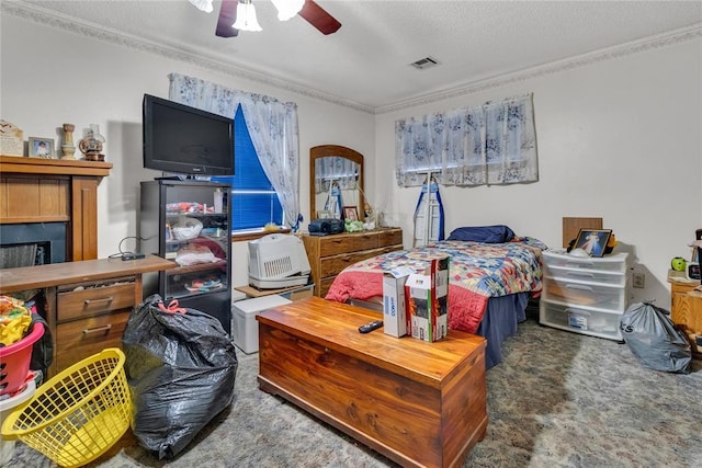 bedroom with crown molding, ceiling fan, dark carpet, and a textured ceiling