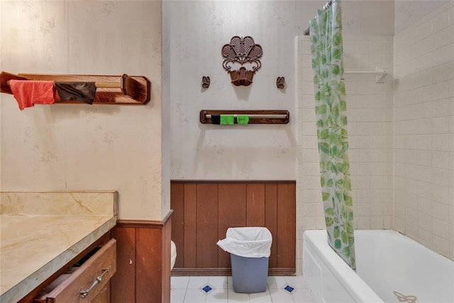 bathroom with vanity and shower / bathtub combination with curtain