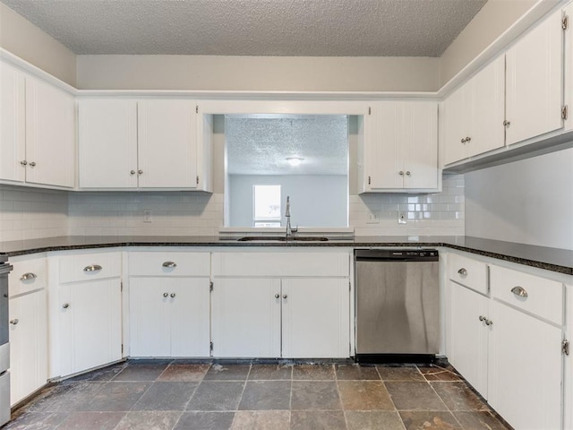 kitchen featuring white cabinetry, dishwasher, sink, backsplash, and a textured ceiling