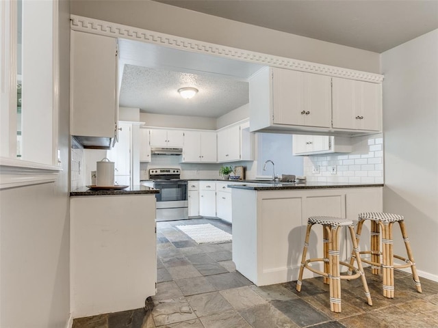 kitchen featuring dark countertops, electric range, a peninsula, and under cabinet range hood