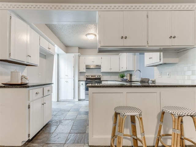 kitchen with under cabinet range hood, stainless steel electric range oven, decorative backsplash, a peninsula, and white cabinets