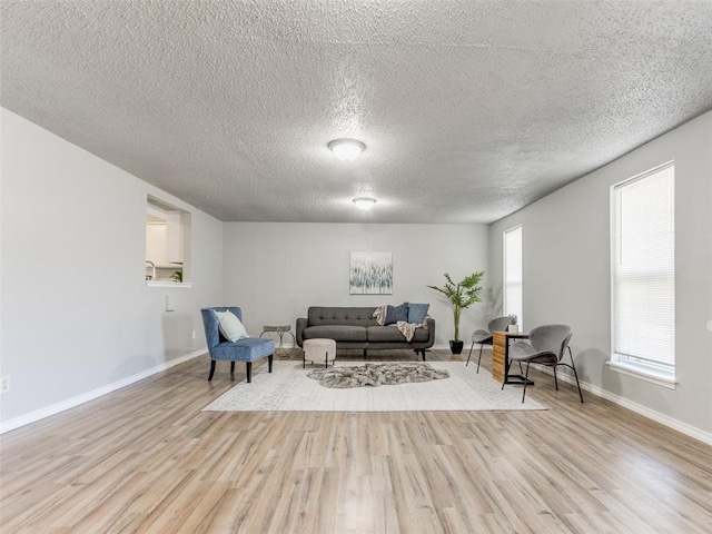 living room featuring baseboards, a textured ceiling, and wood finished floors