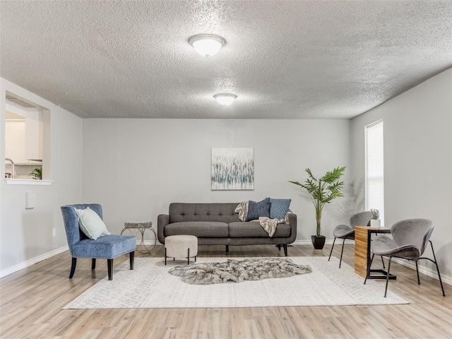 living area with wood finished floors, baseboards, and a textured ceiling