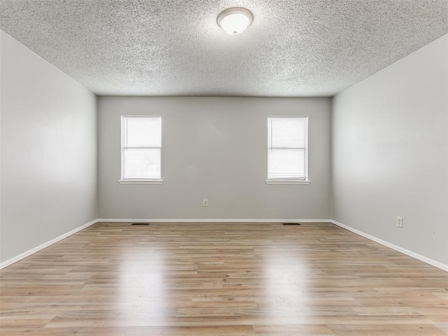 empty room featuring light wood-type flooring, a textured ceiling, and a healthy amount of sunlight