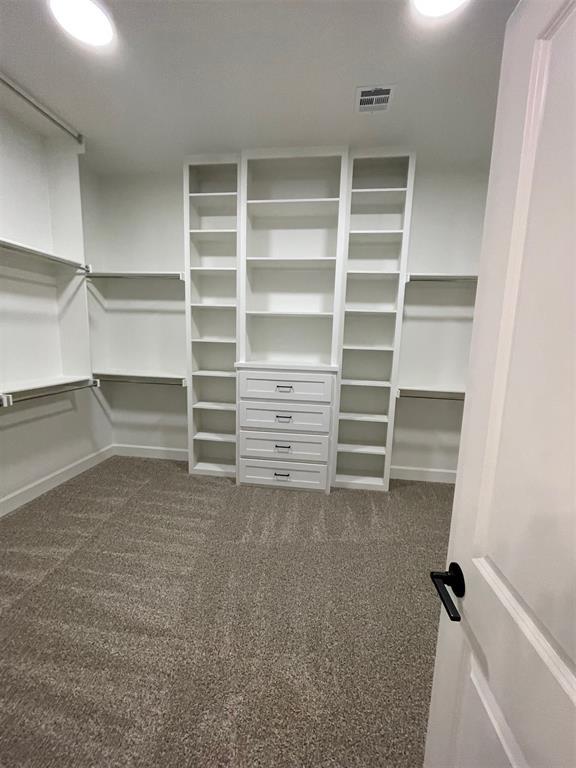 walk in closet with dark colored carpet