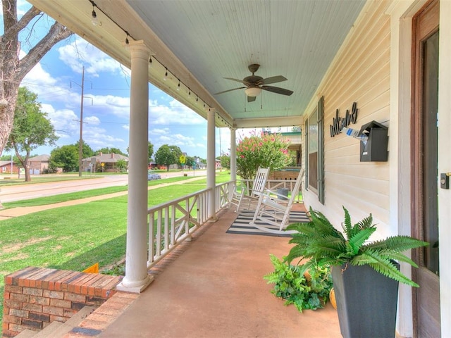 view of patio / terrace featuring a porch and ceiling fan