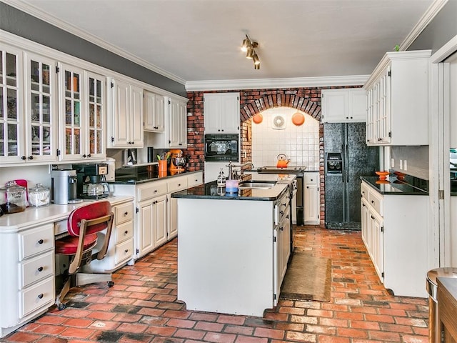 kitchen with a kitchen island, sink, white cabinets, ornamental molding, and black refrigerator with ice dispenser