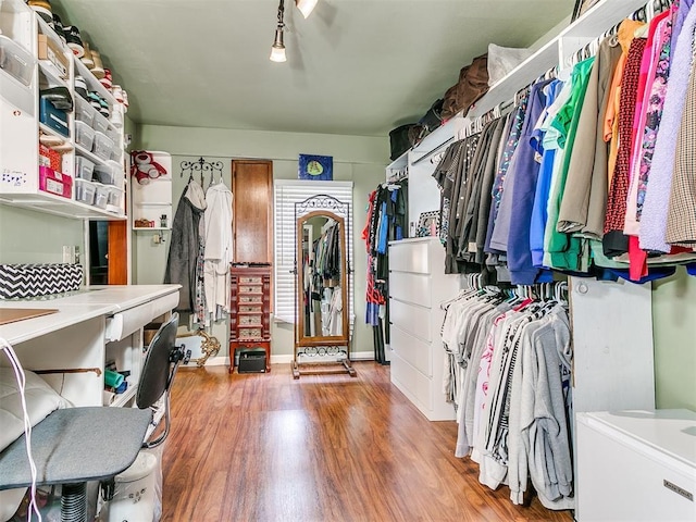 walk in closet with hardwood / wood-style flooring