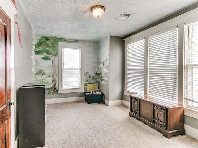 living area featuring light carpet and a textured ceiling