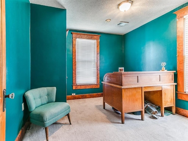 office area featuring carpet floors and a textured ceiling