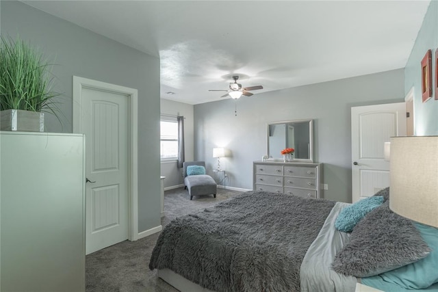 bedroom featuring carpet, a ceiling fan, and baseboards