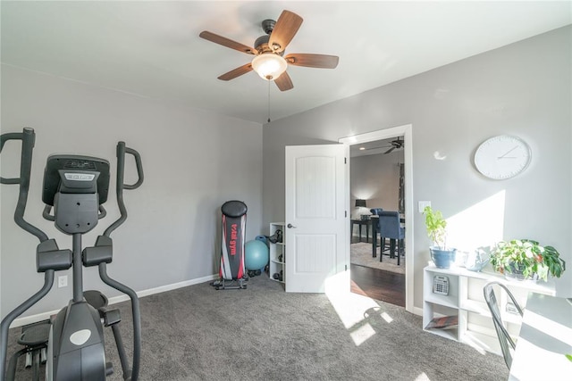 workout room with carpet, baseboards, and ceiling fan