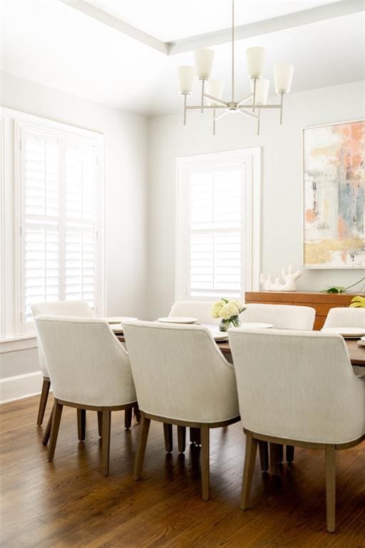 dining room with a chandelier, plenty of natural light, and wood finished floors