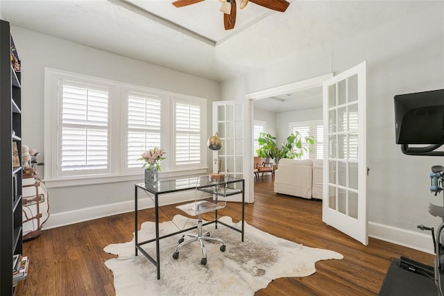 office area featuring ceiling fan, french doors, baseboards, and wood finished floors