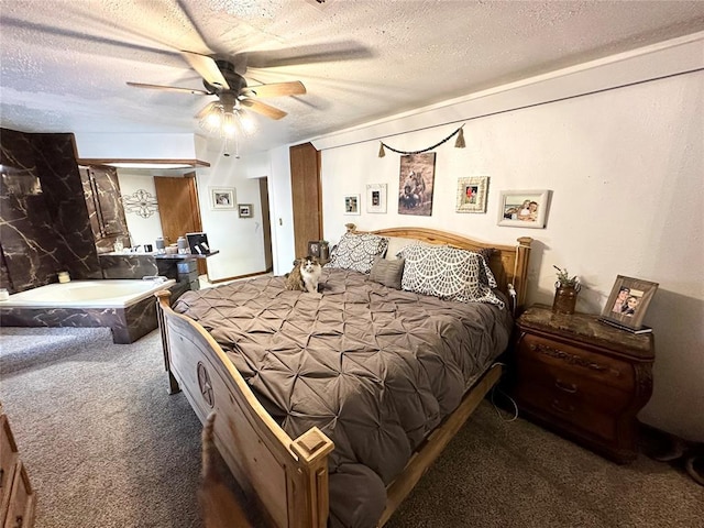 carpeted bedroom with a textured ceiling and ceiling fan