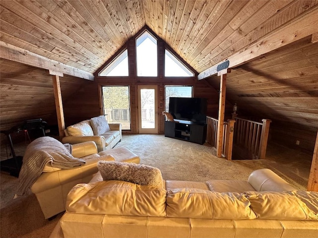 living room featuring lofted ceiling, carpet, and wooden ceiling