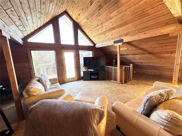 living room with wood ceiling, carpet floors, high vaulted ceiling, and wood walls