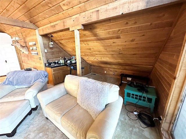 living area featuring wood ceiling, vaulted ceiling, and wood walls