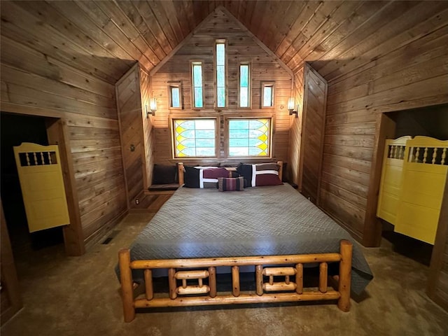 bedroom with wood ceiling, lofted ceiling, wooden walls, and carpet