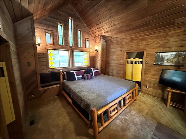 bedroom with wood ceiling, carpet flooring, vaulted ceiling, and wood walls