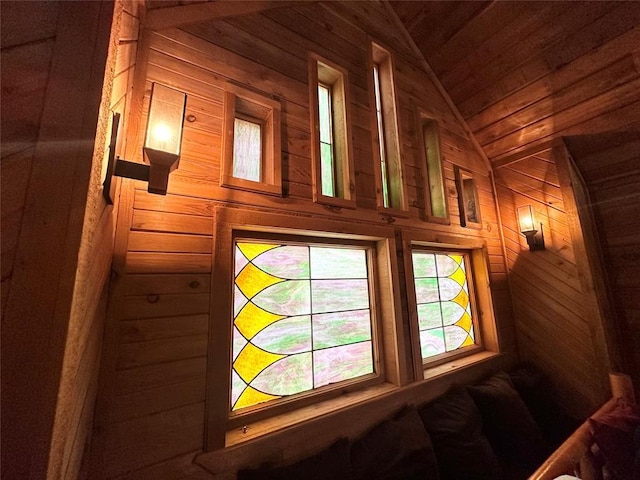 interior details with wood ceiling and wood walls