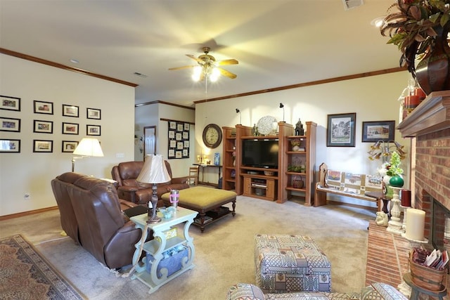 living room with light carpet, a brick fireplace, ornamental molding, and ceiling fan