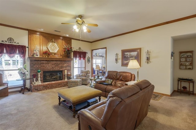 carpeted living room with crown molding, ceiling fan, and a fireplace